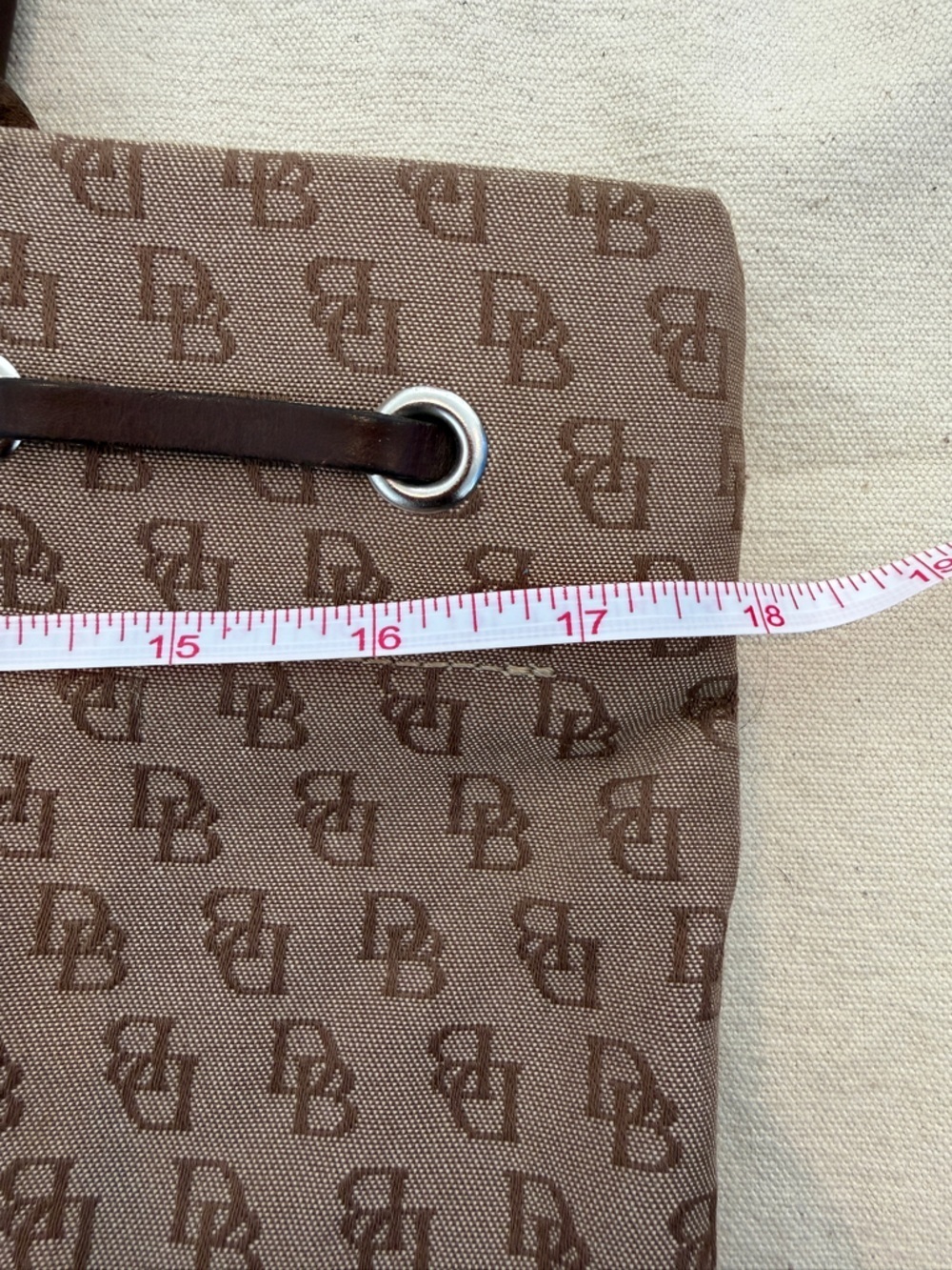 Dooney & Bourke Beige Monogram Tote with Brown Leather Handles - Picture 4 of 13
